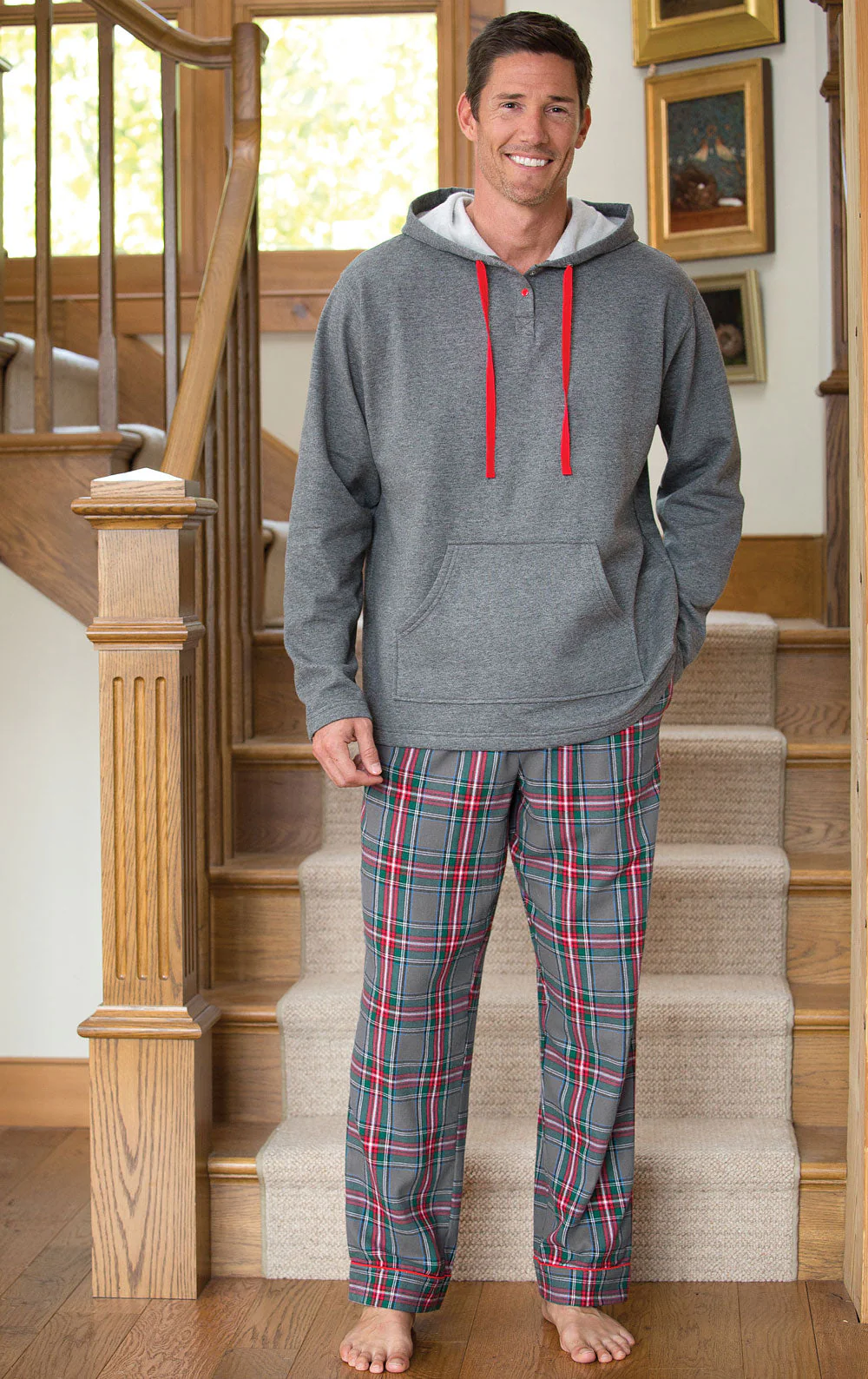 Gray Plaid Hoodie & Pant Men's Pajamas - Family Set - Image 3