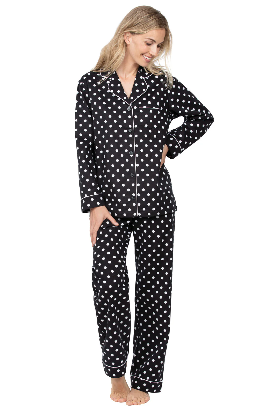 Holi-Dot Button-Front Flannel Pajamas - Black