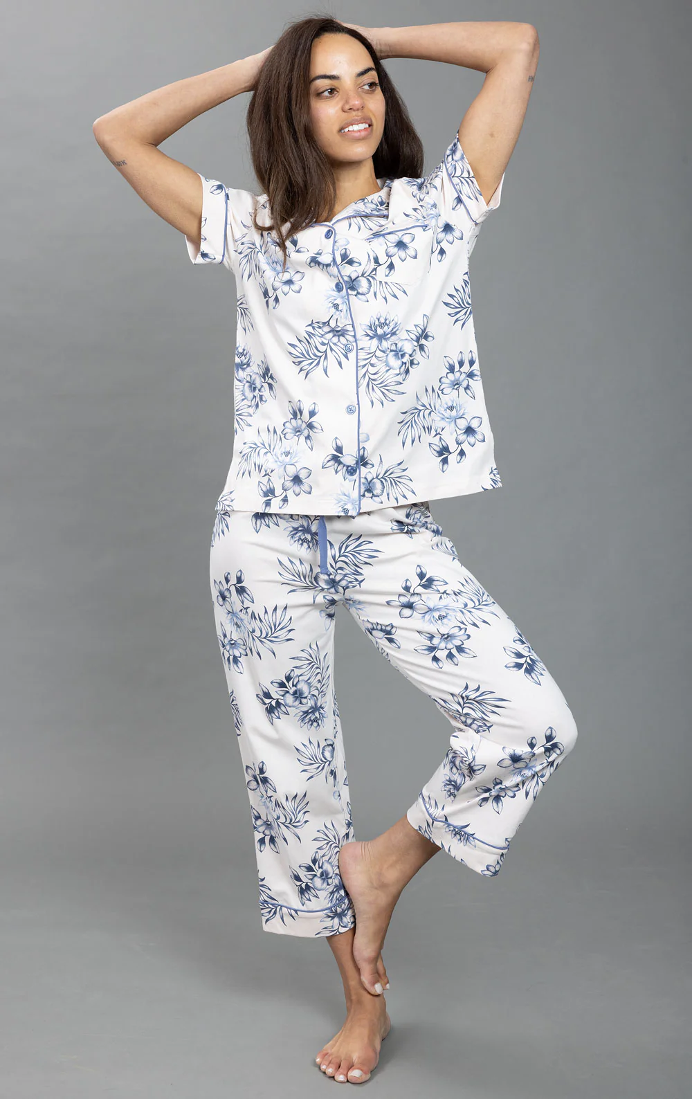 Ivory Floral Short Sleeve Button-Front Capri Pajamas - Image 4