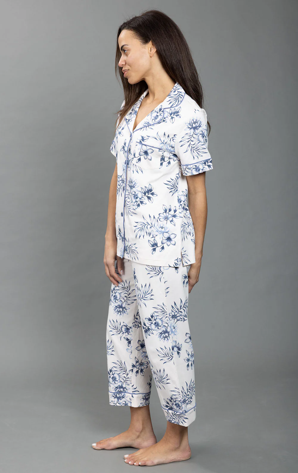 Ivory Floral Short Sleeve Button-Front Capri Pajamas - Image 5