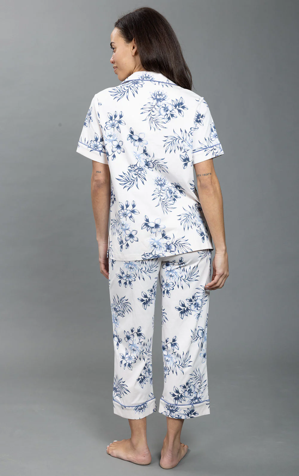 Ivory Floral Short Sleeve Button-Front Capri Pajamas - Image 6