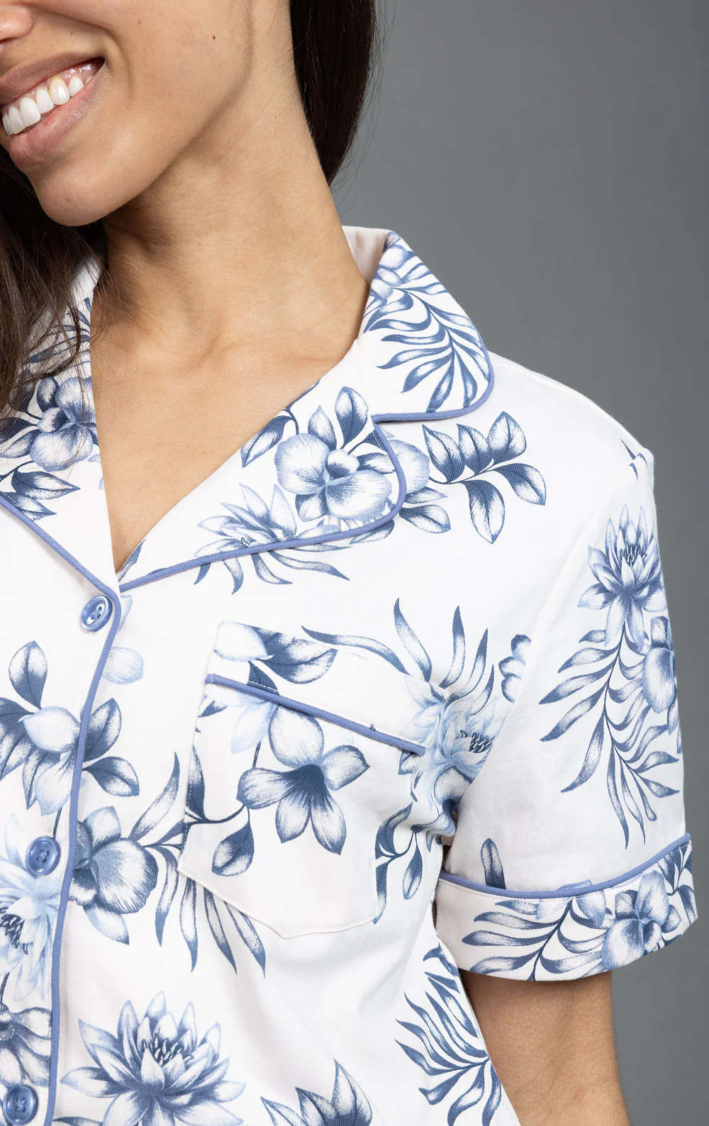 Ivory Floral Short Sleeve Button-Front Capri Pajamas - Image 7