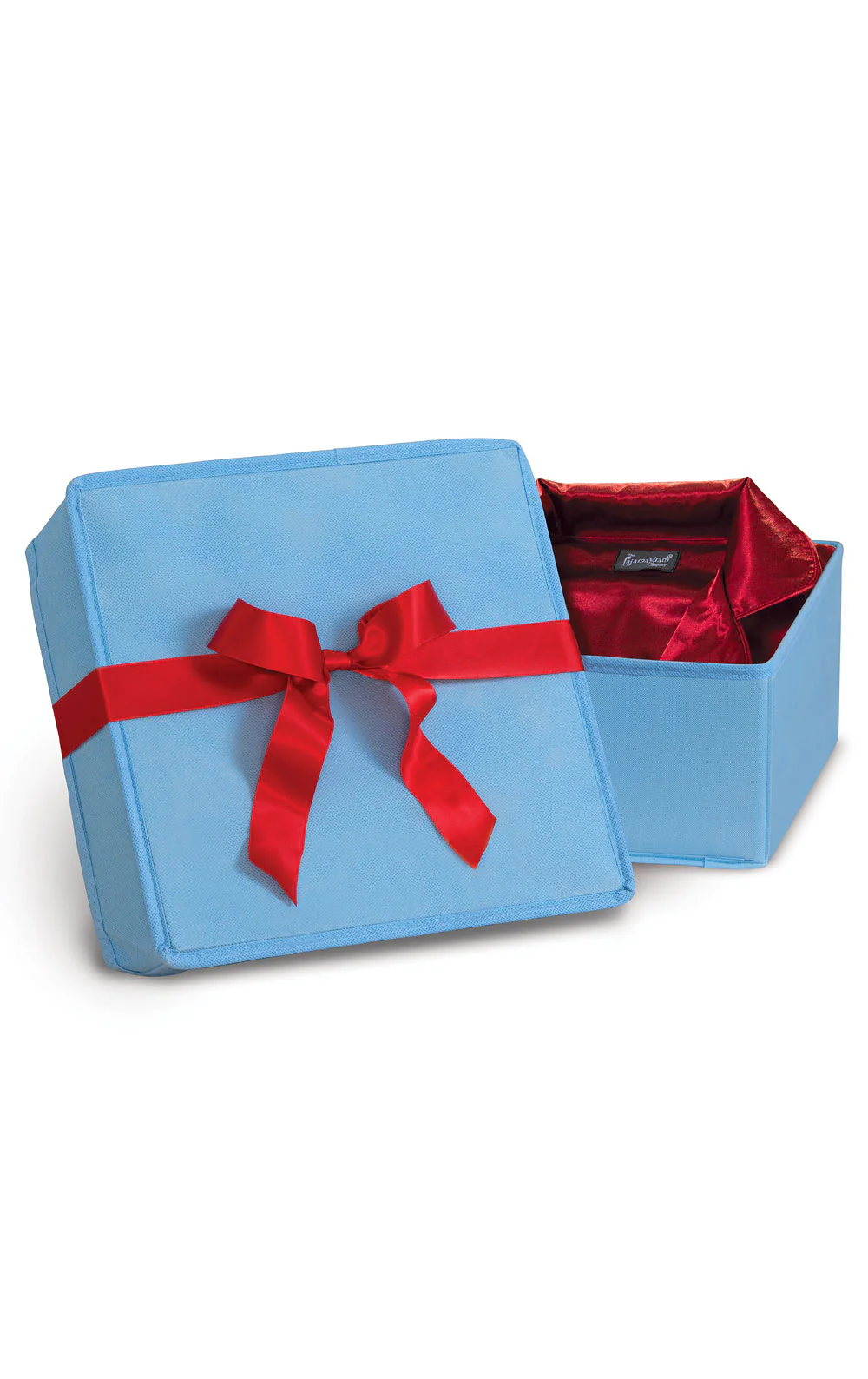 Medium Blue Fabric Gift Box with Red Ribbon