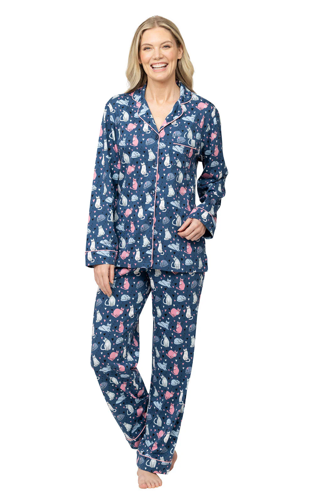 Navy Cat Button-Front Pajamas
