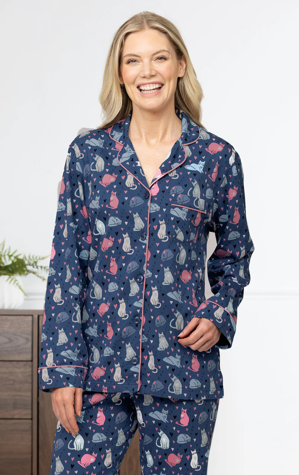 Navy Cat Button-Front Pajamas - Image 2
