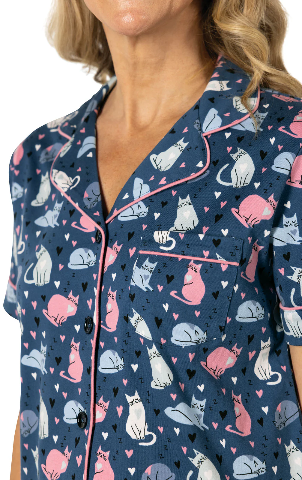 Navy Cat Short Sleeve Button-Front Capri Pajamas - Image 3