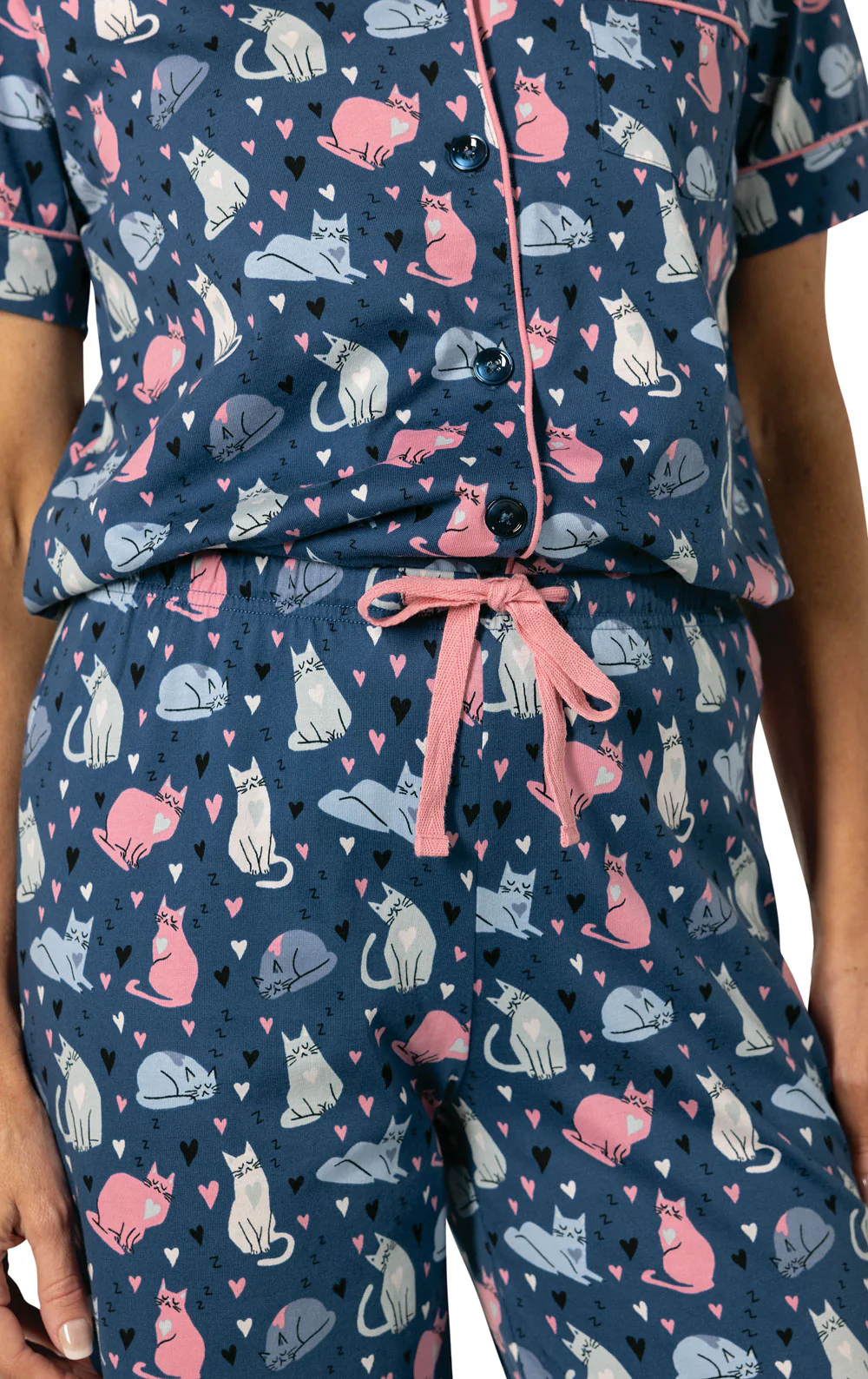 Navy Cat Short Sleeve Button-Front Capri Pajamas - Image 4