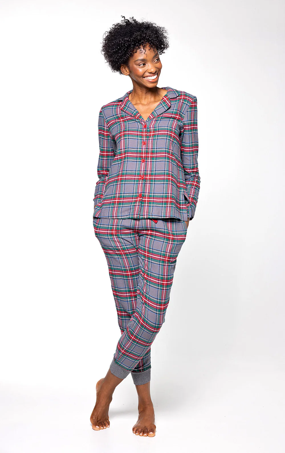 Plaid Button-Front Jogger Pajamas - Image 3