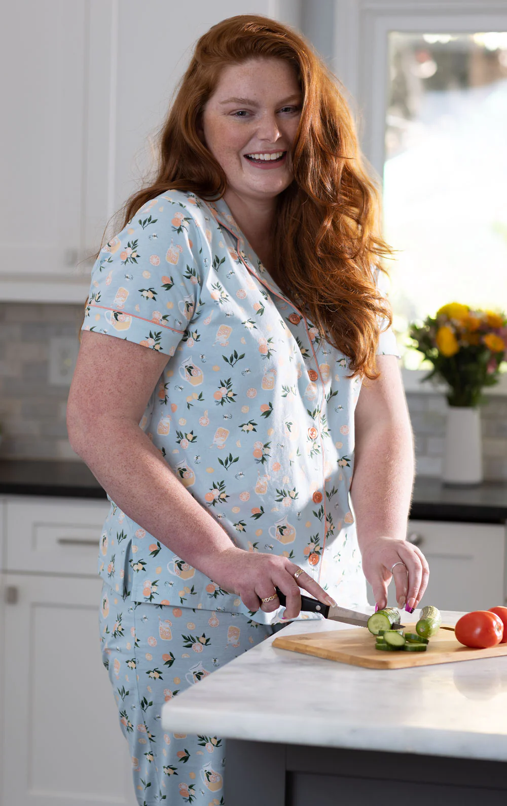 Printed Short Sleeve Button-Front Capri Pajamas - Image 10