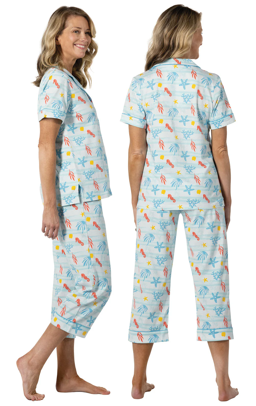 Printed Short Sleeve Button-Front Capri Pajamas - Image 4