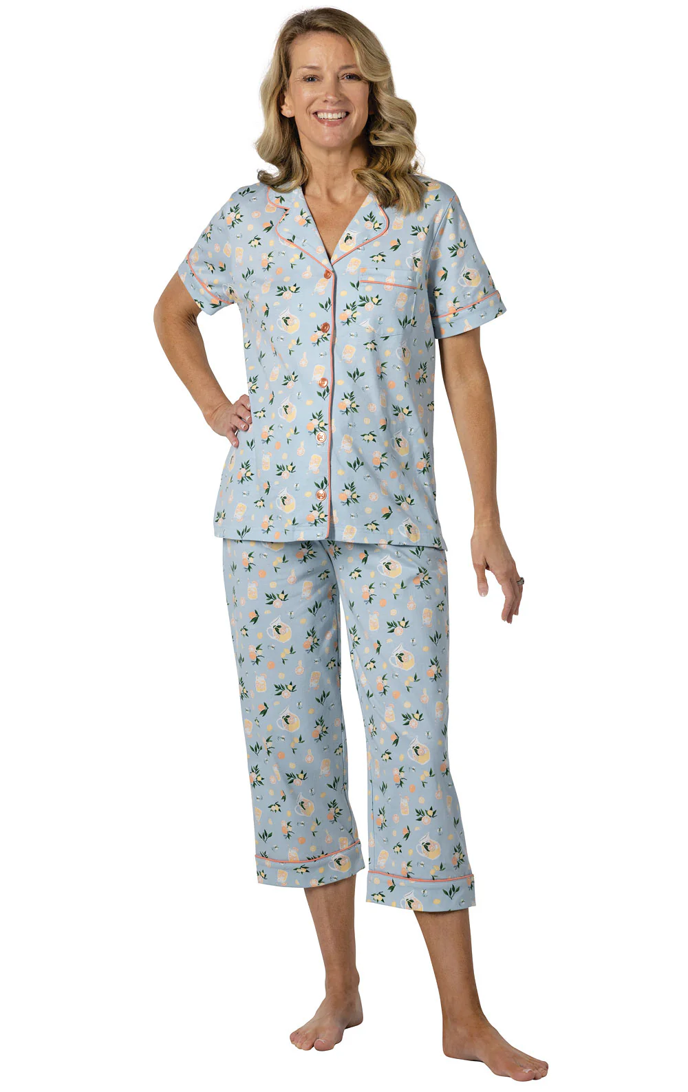 Printed Short Sleeve Button-Front Capri Pajamas - Image 6
