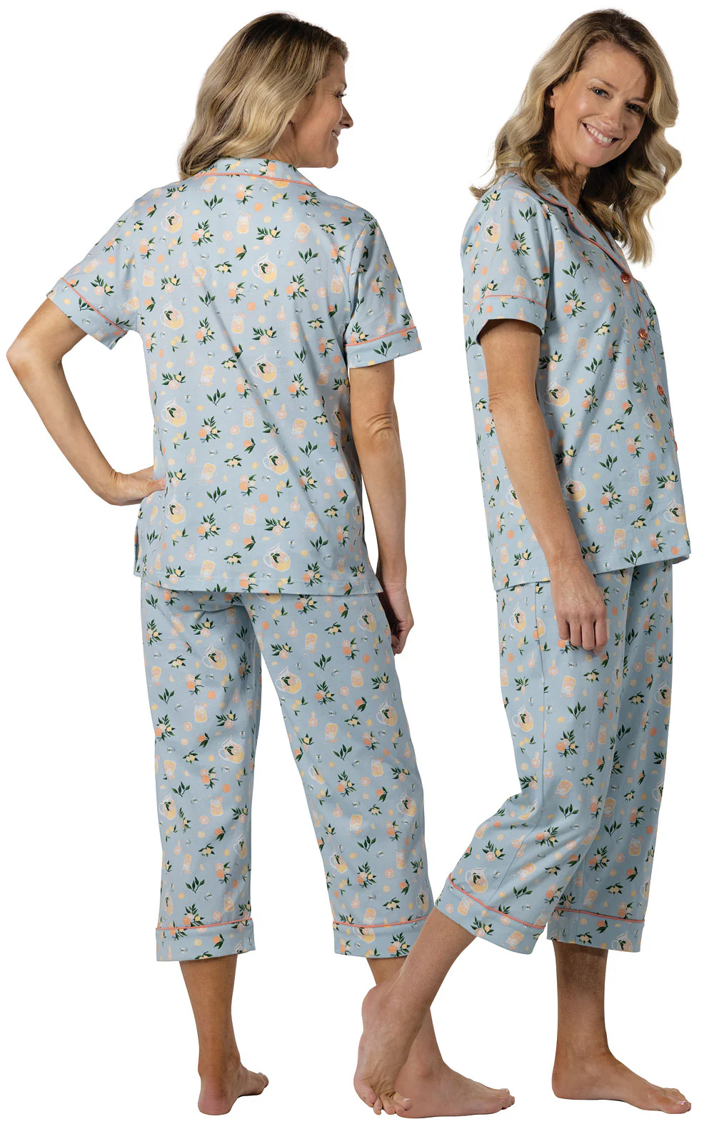 Printed Short Sleeve Button-Front Capri Pajamas - Image 7