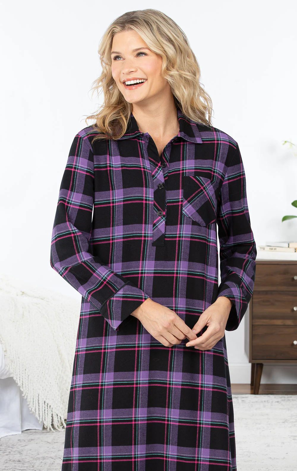 Women`s Bright Plaid Long Gown - Black - Image 3